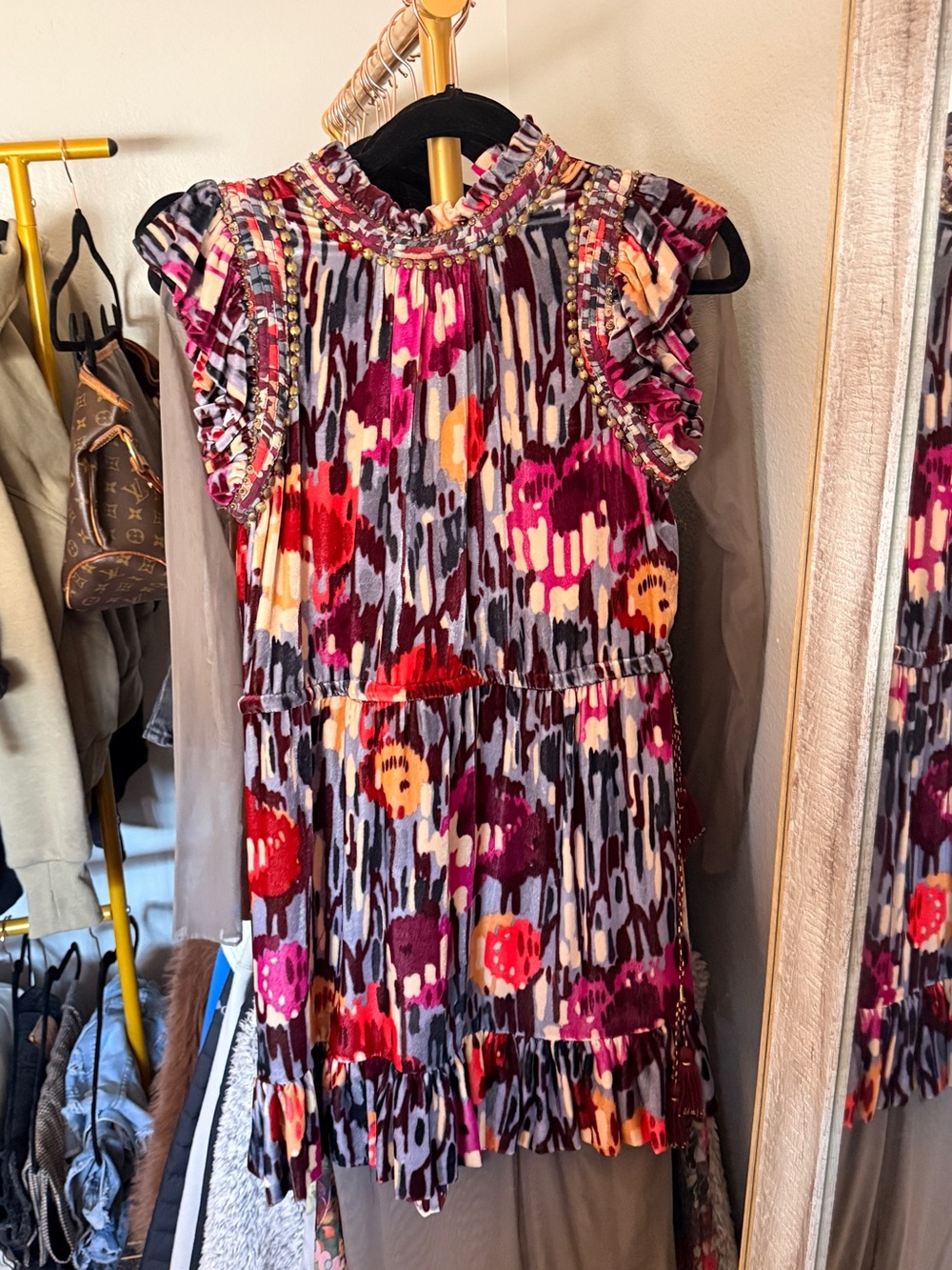 Ulla Johnson Pink Multi Abstract Ruffle Mini Dress